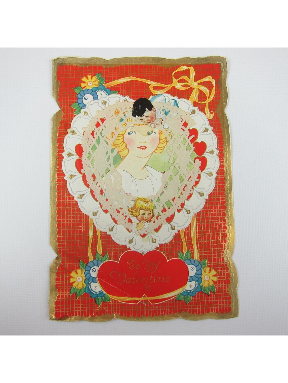 Antique Valentine Art Deco Blonde Girls Boy Flowers Gold Embossed Die cut Bifold